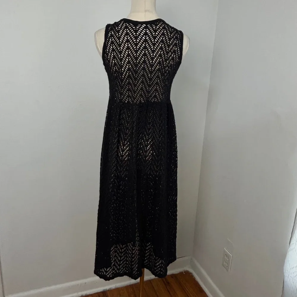 Black Crochet Knit Button-Front Midi Dress Boho Dark Cottagecore Duster Women M